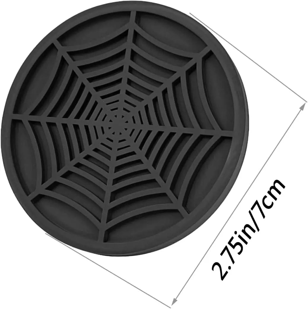 A black silicone spider web design for coasters, shown from above with dimensions.