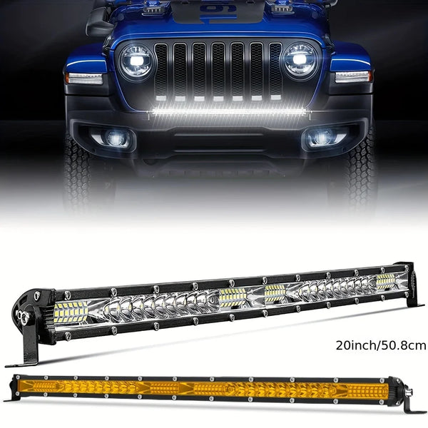 An ultra bright LED light bar for off-road vehicles shown in two configurations.