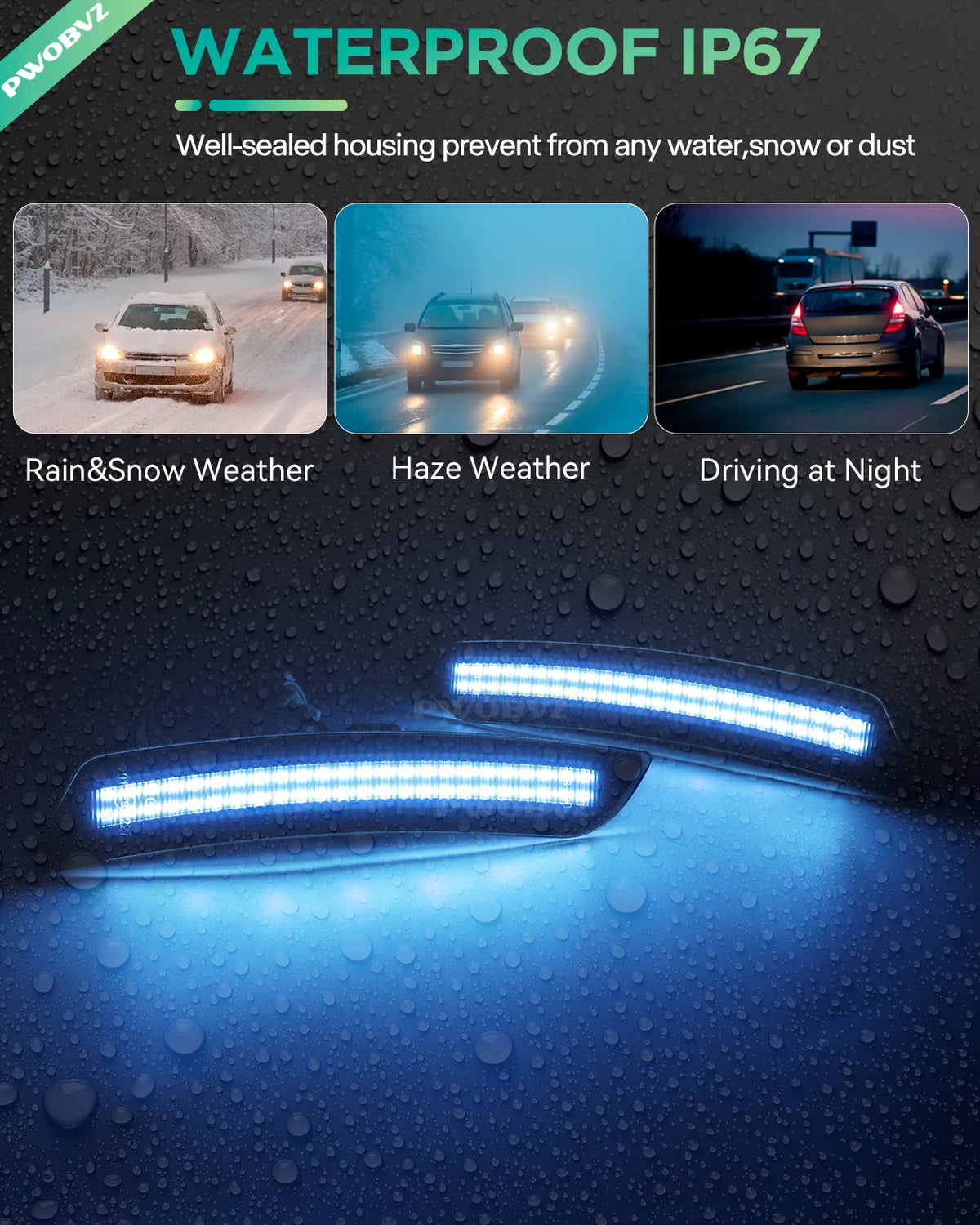 Close-up of waterproof LED turn signal lights mounted on a dark surface with water droplets.