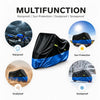 Black and blue waterproof cover for a motorbike, demonstrating rainproof, sun protection, dustproof, and snowproof features.