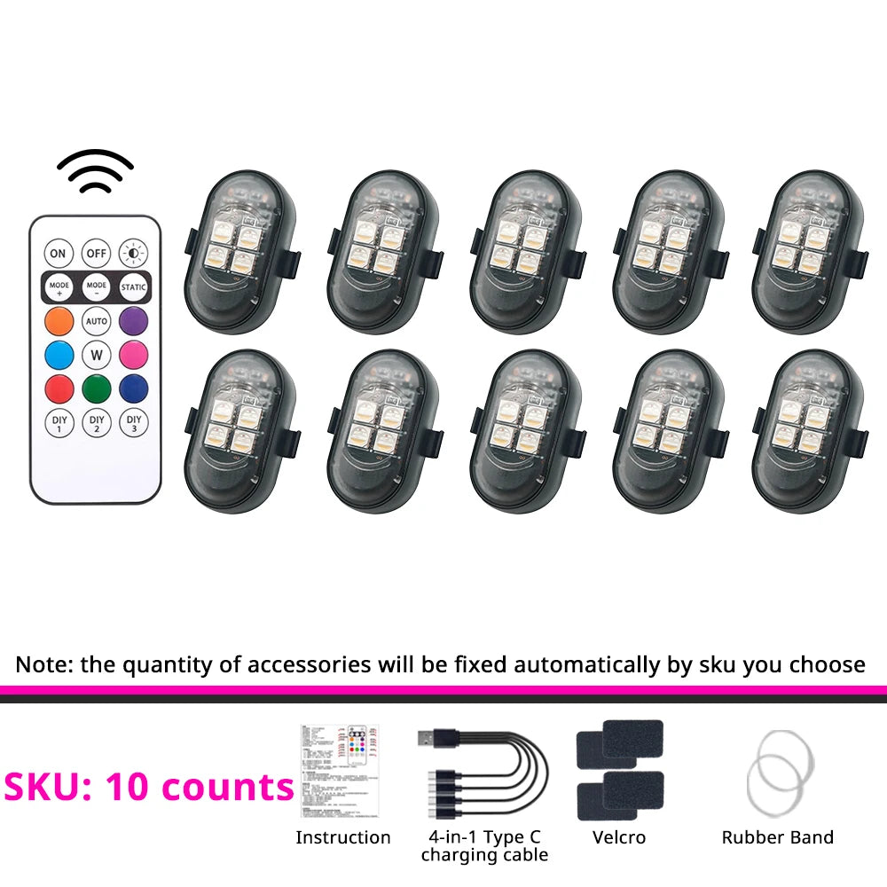Set von 10 Fernbedienungs-RGB-Stroboskoplichtern mit Anleitung und Zubehör für Fahrzeuge und Partys