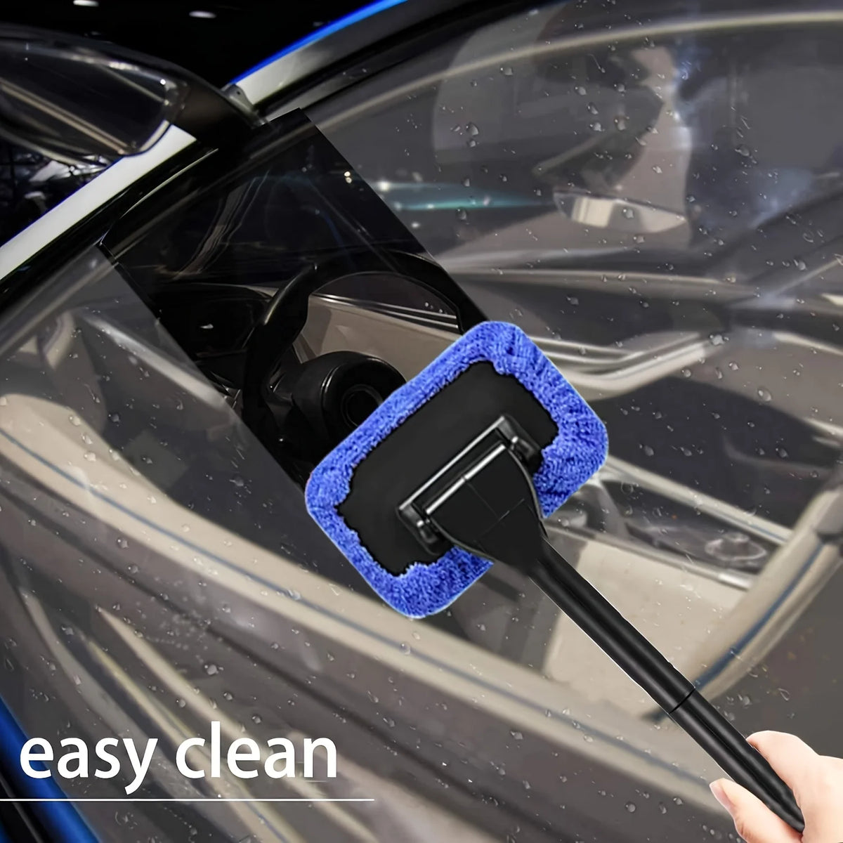 A black car windshield is being cleaned with a blue microfiber tool for easy cleaning.