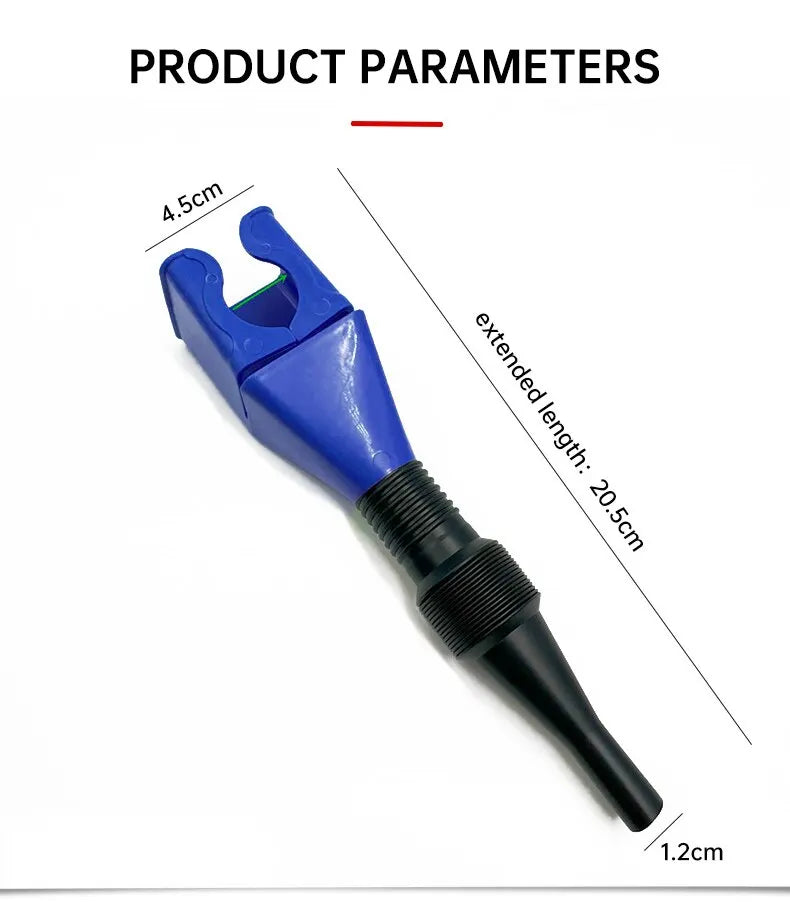A blue car and motorcycle oil funnel tool with an extended length of 20.5cm.