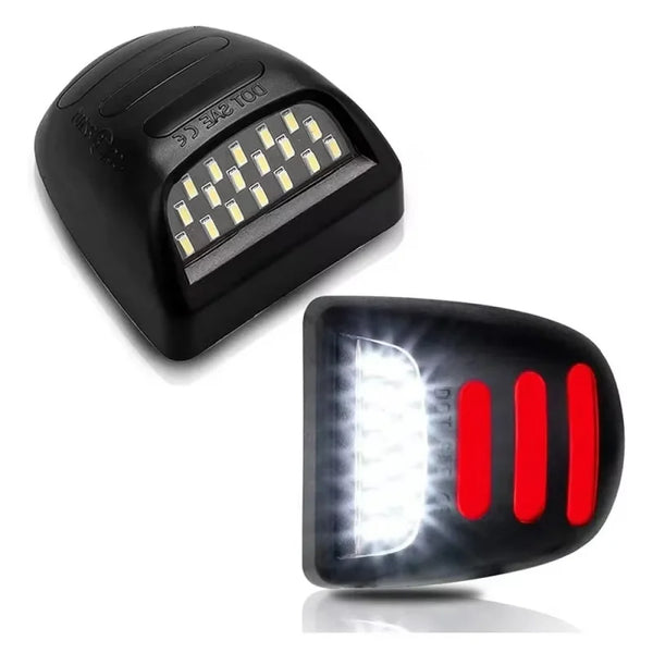 Black LED license plate lights with multiple yellow bulbs and a red illuminated section.