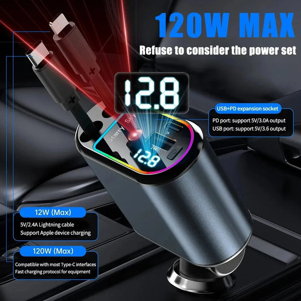 Gros plan d'un chargeur de voiture de 120W avec écran LED affichant une sortie de 12,8W et un câble rétractable.