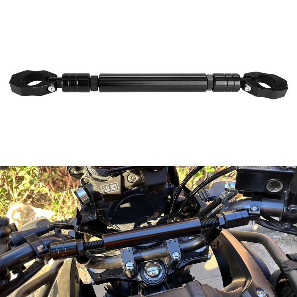Black adjustable motorcycle handlebar grip crossbar installed on a motorcycle.