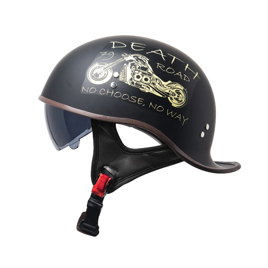 Casque vintage noir rétro de moto avec les textes Death Road et No Choose No Way