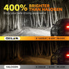 A comparison showing a bright LED headlight bulb versus a halogen bulb in a forest setting.
