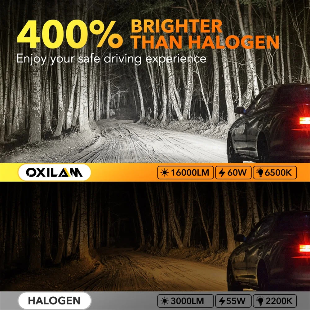A comparison showing a bright LED headlight bulb versus a halogen bulb in a forest setting.
