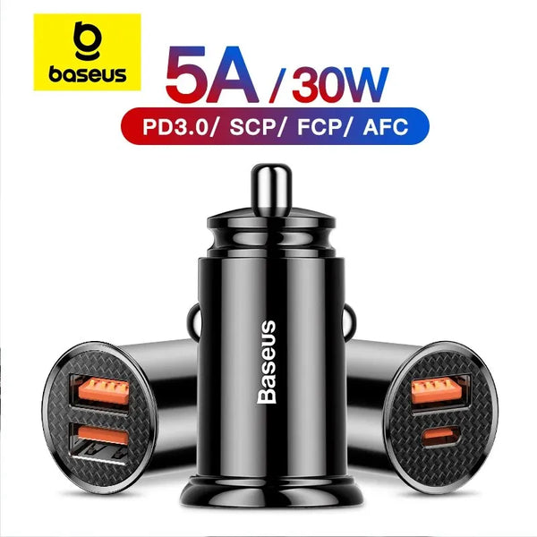 شاحن سيارة مزدوج من باسو 5A/30W مع منفذي USB برتقاليين.