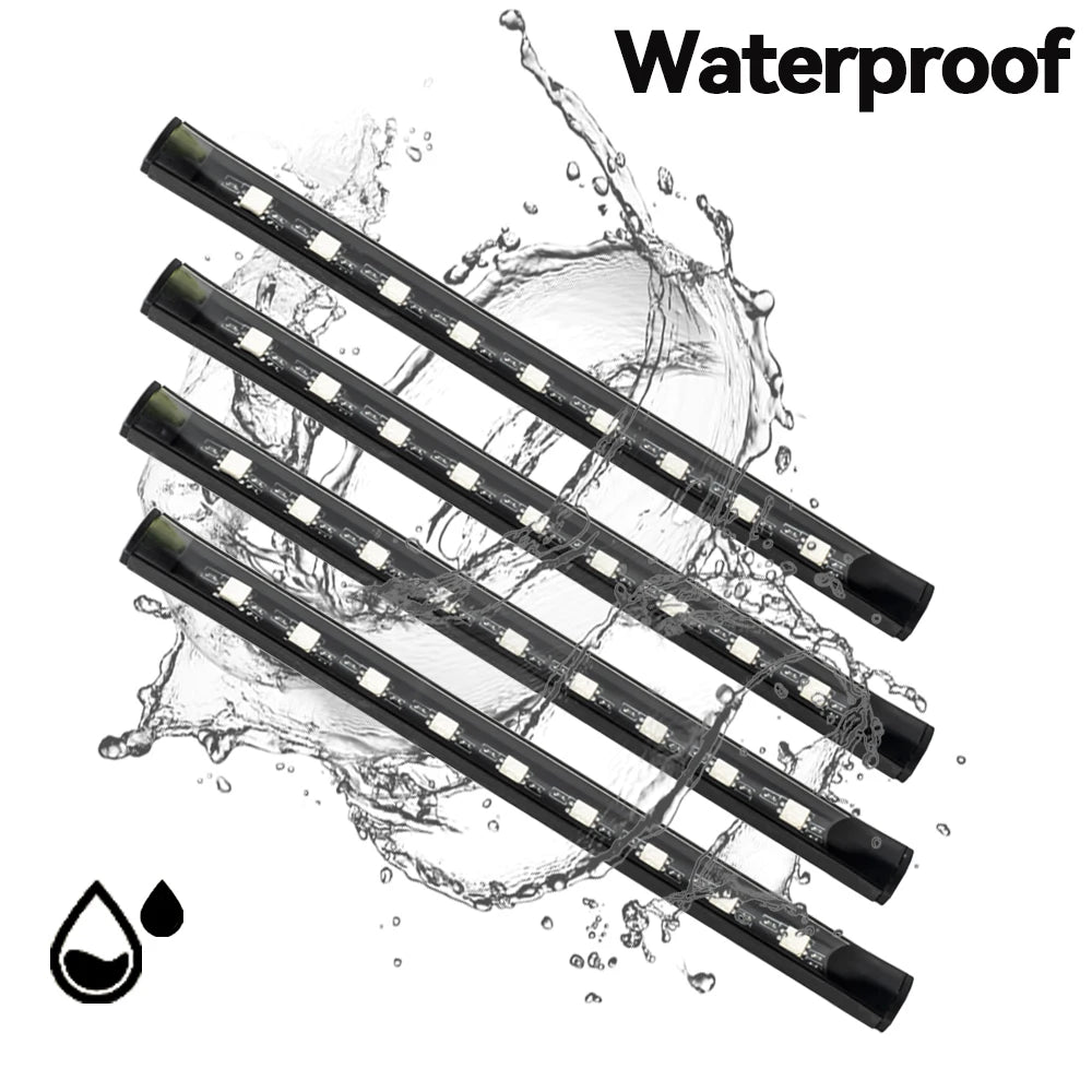 A set of waterproof RGB LED light strips shown being splashed by water droplets.