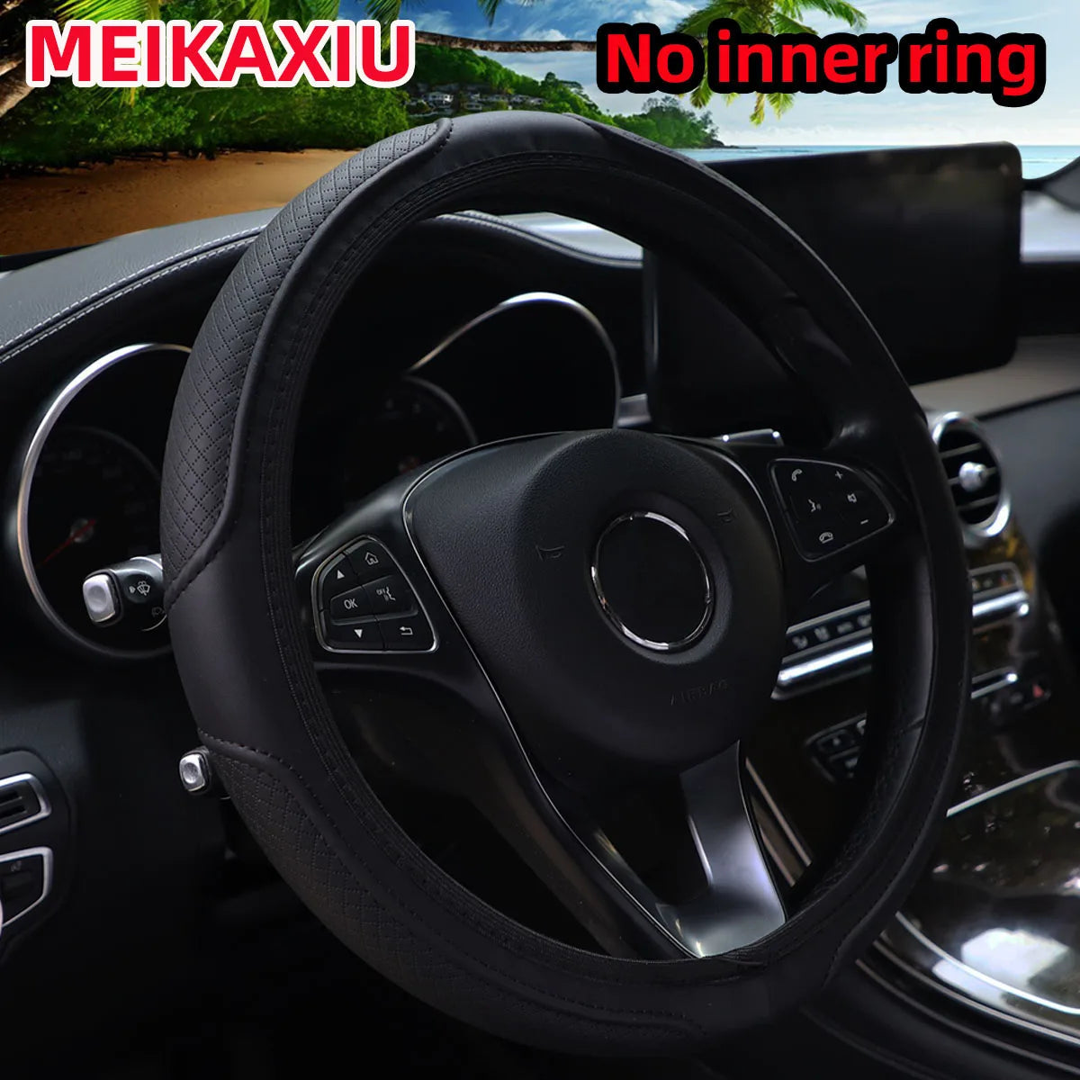 Black PU leather embossed steering wheel cover with a no inner ring design shown in a car interior.