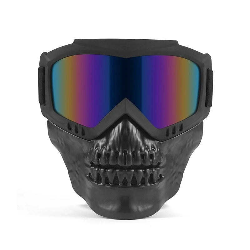 Black protective mask goggles with a mirrored lens featuring a rainbow gradient, designed for outdoor sports.