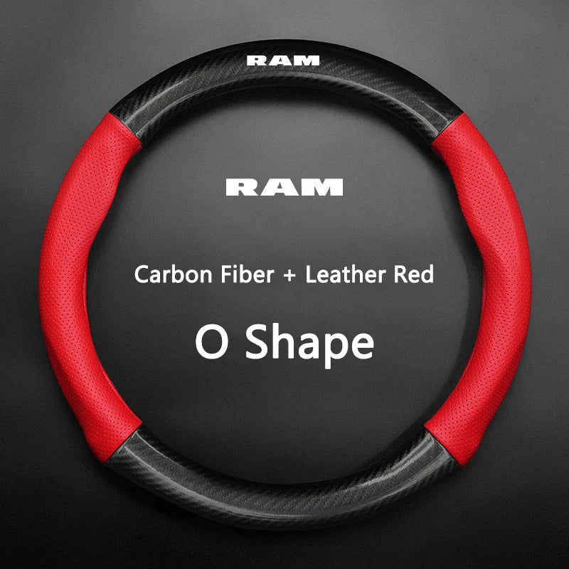 Couverture de volant en fibre de carbone rouge et noire et cuir en forme de O