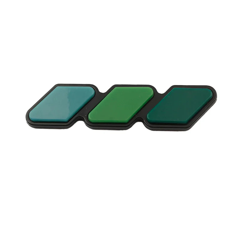 Three rectangular car grill decals in shades of teal, green, and dark green.
