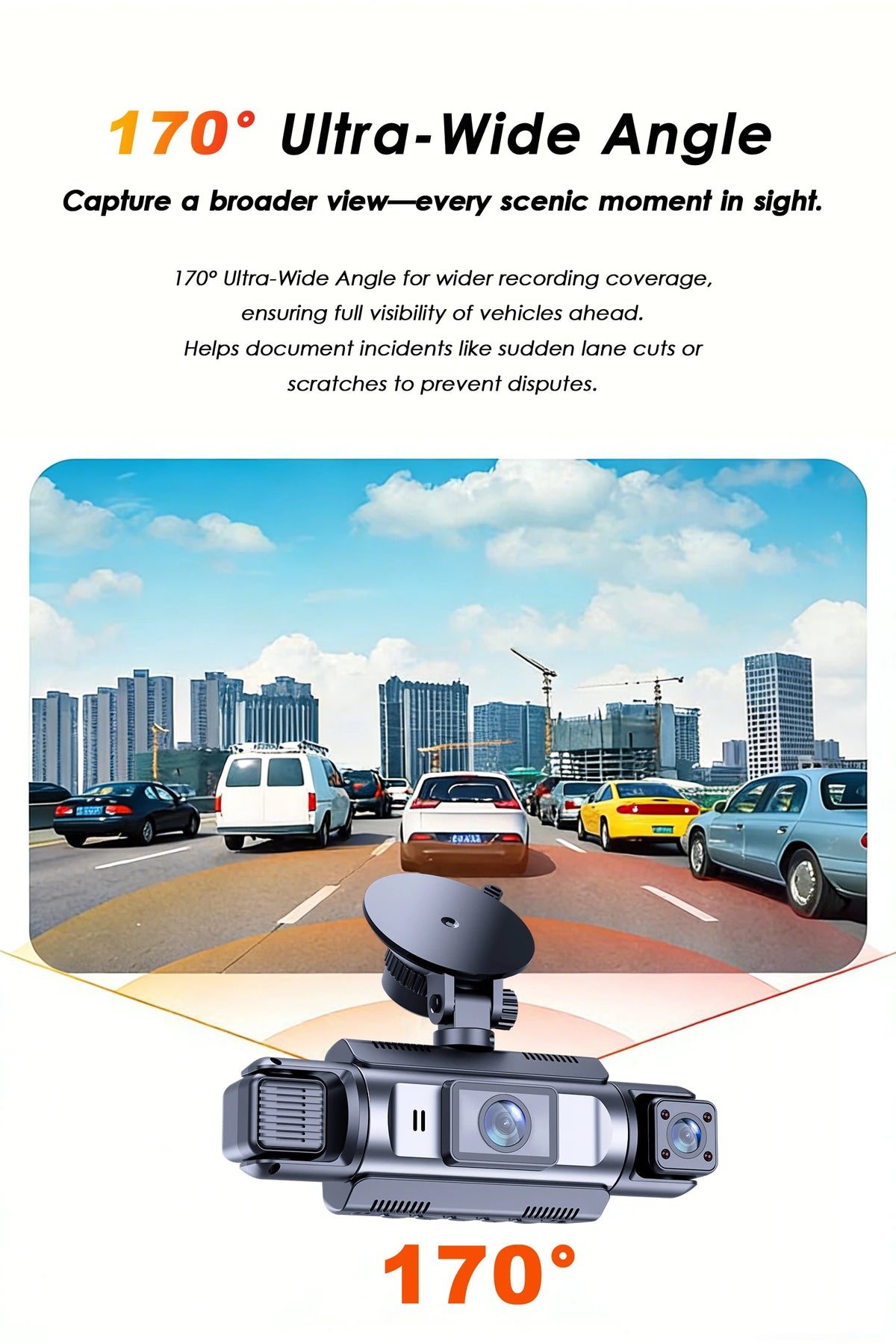 A 170 degree ultra-wide angle dash camera mounted on a vehicle, capturing a wide view of traffic and surrounding scenery.
