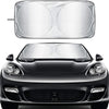 A folding car sunshade designed for windshield UV protection shown above a black car's hood.