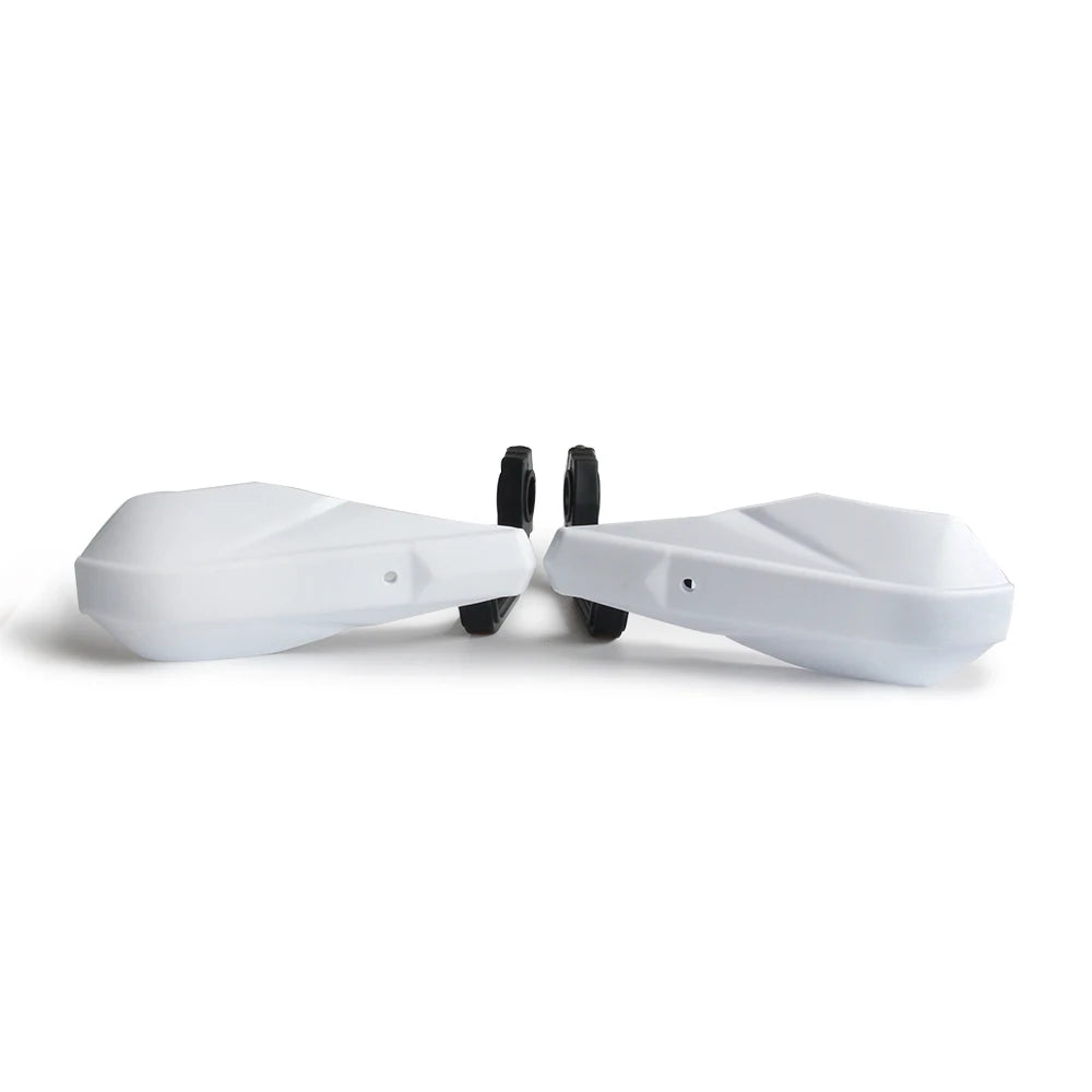 White universal motorcycle handguard and brush protector shown from the side.