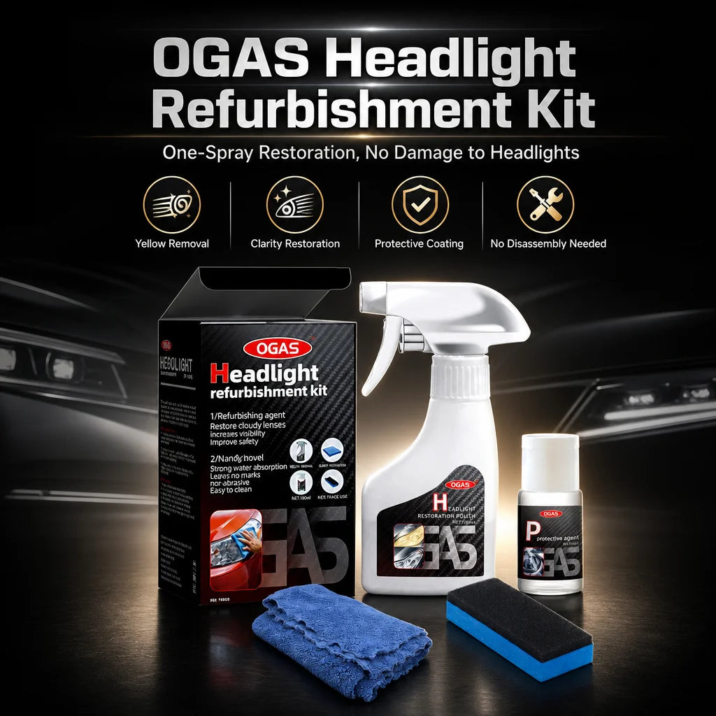 OGAS Headlight Refurbishment Kit showing a spray bottle, cleaning cloth, and black applicator on a dark surface.