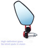 A high-definition glass rearview mirror mounted on a red carbon fiber handlebar for a motorcycle.