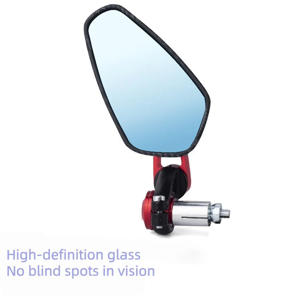 A high-definition glass rearview mirror mounted on a red carbon fiber handlebar for a motorcycle.