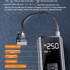A portable tire inflator air compressor with a digital display and power cord is shown against a dark background.