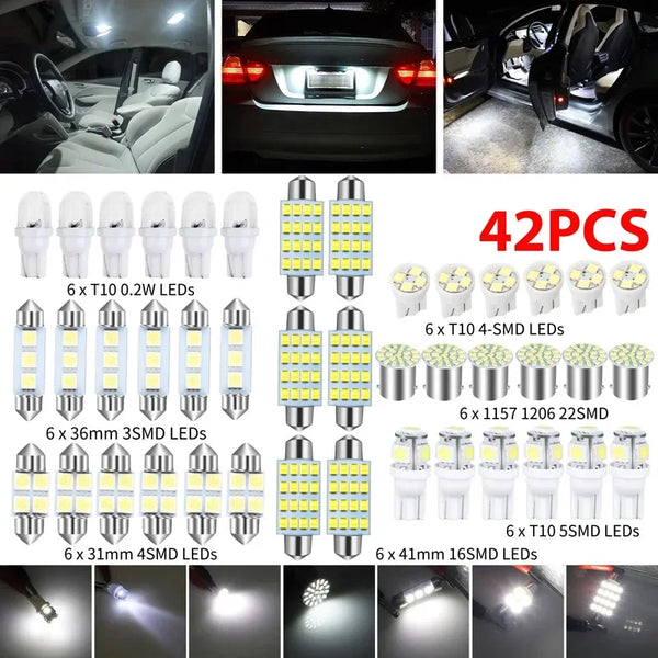 Set of 42 LED lights including dome and map lights for car interior installation