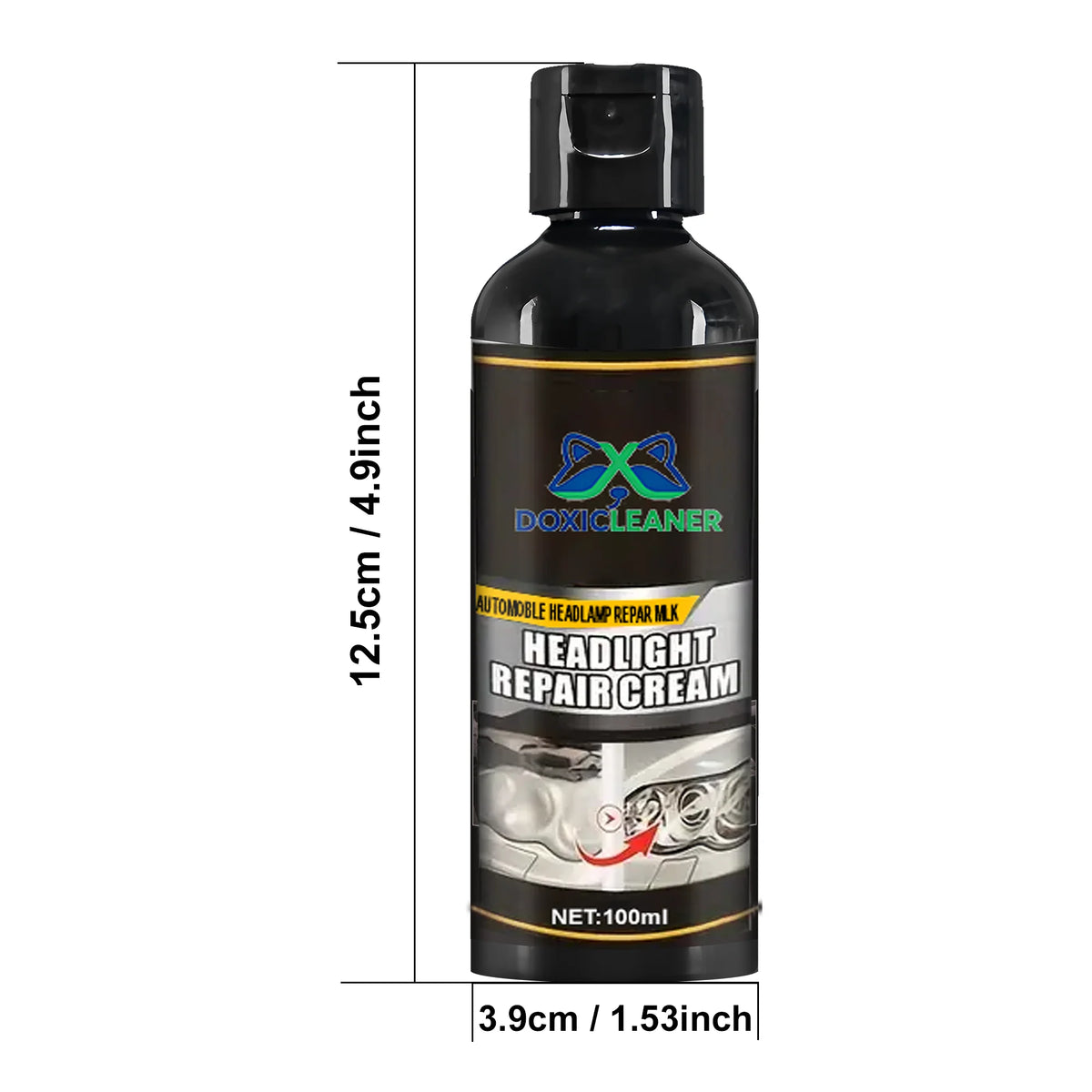 A dark glass bottle of headlight repair cream with a black cap and a label showing the brand Doxicleaner