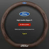 A brown steering wheel cover for a Ford vehicle, featuring the Ford logo and text indicating high quality Nappa leather.