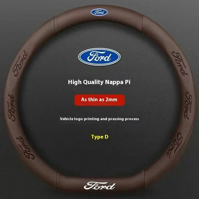 A brown steering wheel cover for a Ford vehicle, featuring the Ford logo and text indicating high quality Nappa leather.