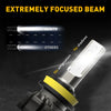 A close-up view of an extremely focused LED beam from a fog light bulb, demonstrating clear light projection and no shadows.