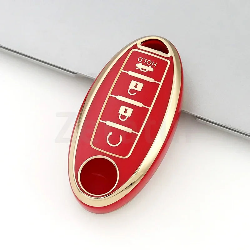 Rote und goldene Multifunktions-Auto-Schlüsselhülle mit mehreren Schlüsselfächern.