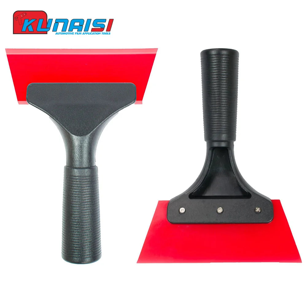 A black silicone scraper tool with a handle is shown next to a red plastic scraping block.