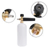 A high-pressure car cleaning foam gun with a clear bottle and brass fittings is shown with close-up views of the components.