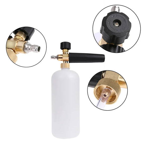 A high-pressure car cleaning foam gun with a clear bottle and brass fittings is shown with close-up views of the components.