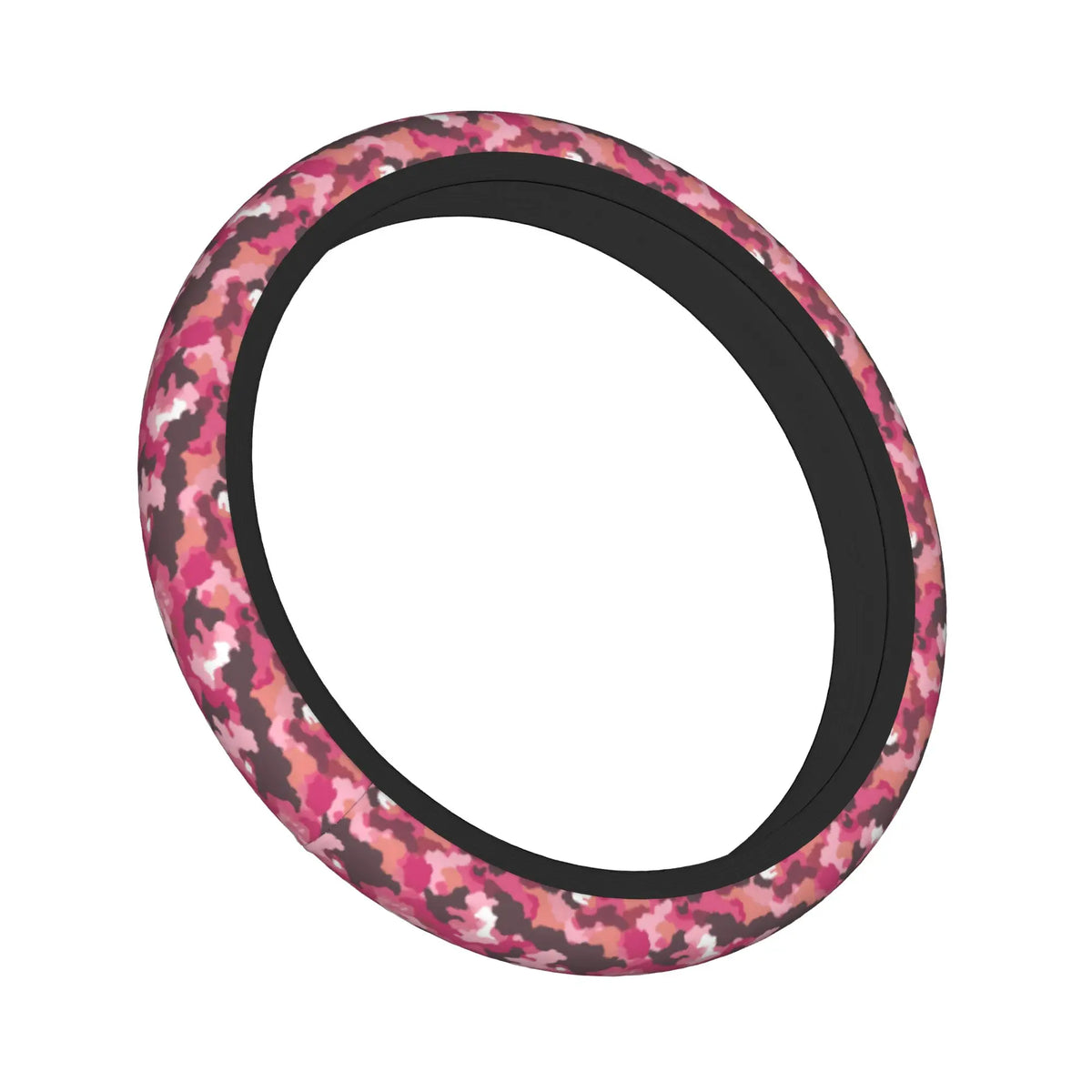 Schwarzer Lenkradüberzug mit rosa und Tarnmuster.