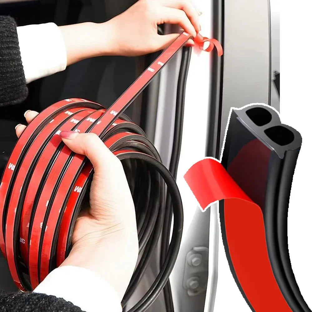 Hands are installing heavy duty red and black car door weather stripping seal on a vehicle door.