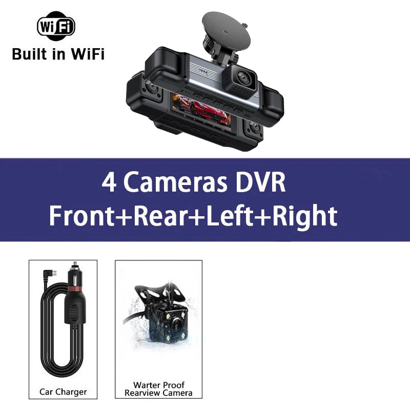 Schwarzes 4-Kanal-DVR-Dashcam-System mit Front-, Heck-, links- und rechtskamera und Kabel für das Auto.