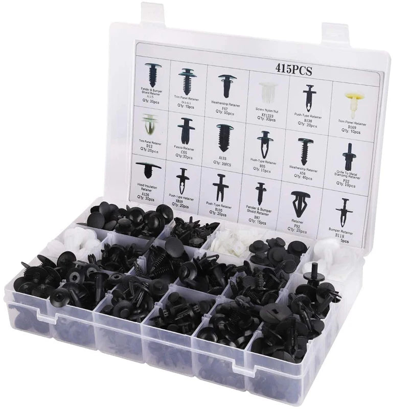 Plastik-Kit mit verschiedenen Halterclips und Zubehör für die Montage von Autos.