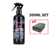 A black bottle of ceramic coating spray with a pump dispenser and a set of three grey microfiber cloths.