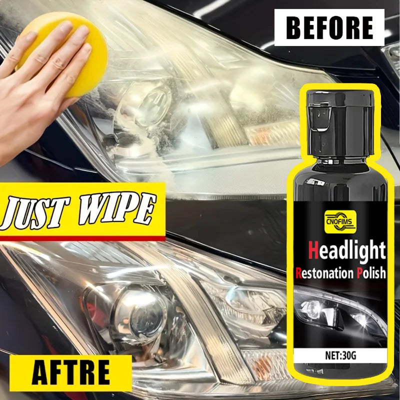 Before and after comparison showing a car headlight restoration polish applied to a vehicle's headlight.
