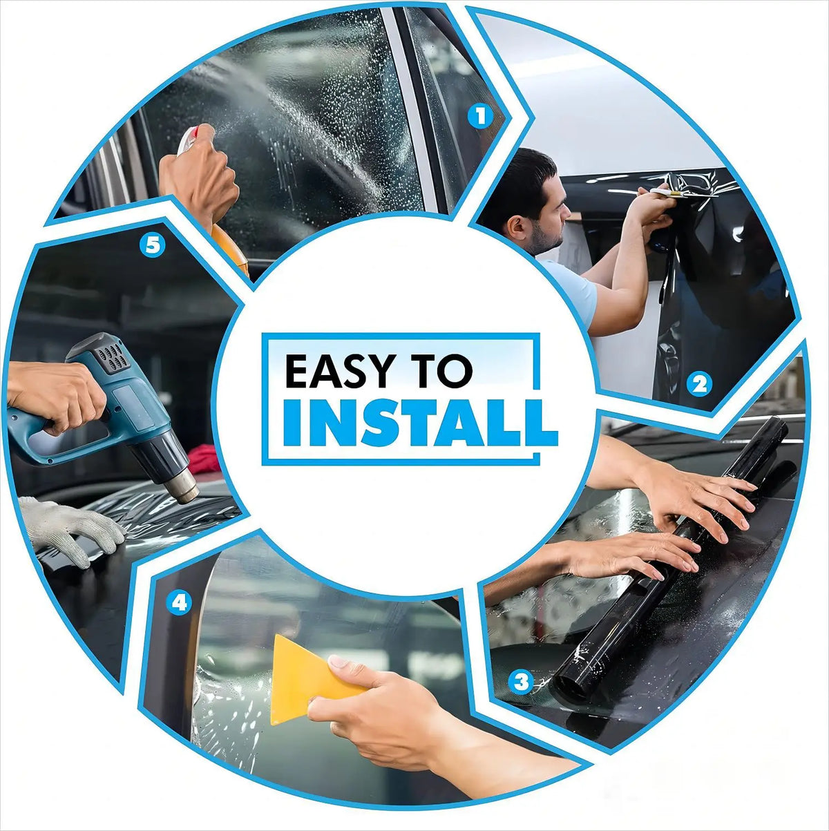 Hands are installing a heavy-duty car window tint film on a vehicle window.