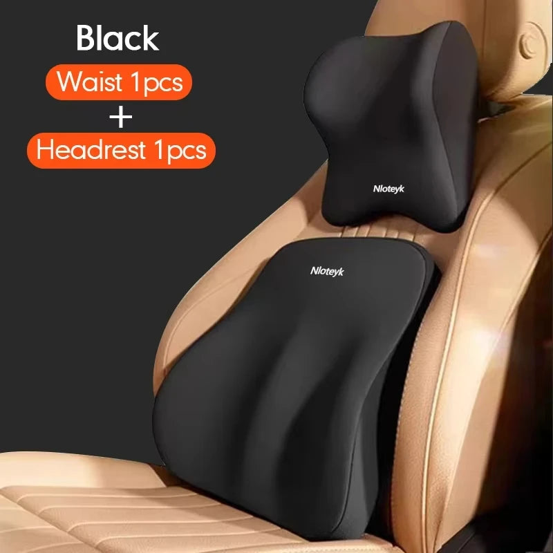 Black ergonomic lumbar support pillow and headrest for car or travel