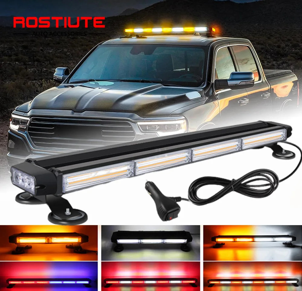Barra de luces estroboscópicas LED para techo de uso pesado montada en un vehículo, mostrada en varias configuraciones de ilu