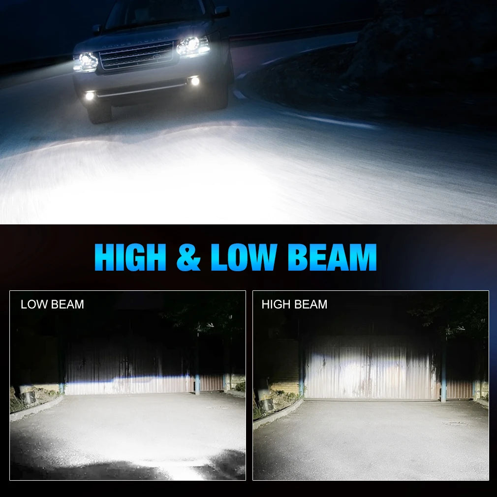 Demonstration of high and low beam functionality of a universal LED car headlight bulb kit.