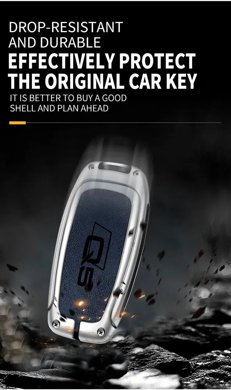A close-up shot of a drop-resistant shell protecting an original car key fob in flight against a dark background.