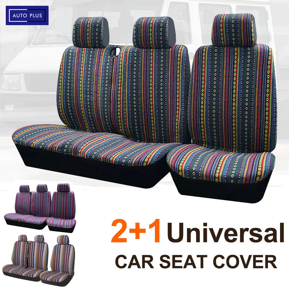 A set of three striped universal car seat covers for vans and trucks shown on a vehicle interior.