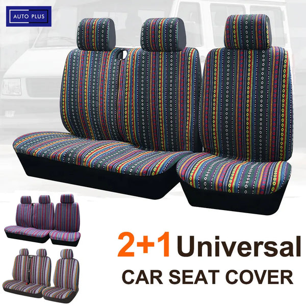A set of three striped universal car seat covers for vans and trucks shown on a vehicle interior.