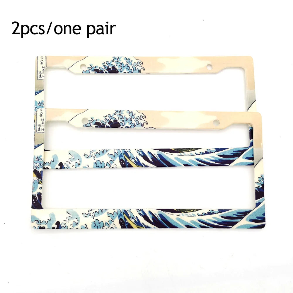 Two license plate frames featuring a blue and white wave pattern for decoration