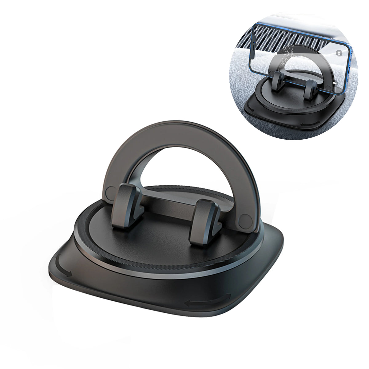 A black 360° rotating anti-slip car dashboard phone mount with a circular grip and mounting base.